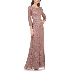 NEW JS Collections Mauve Rose Metallic Soutache Lace Applique Evening Gown Dress